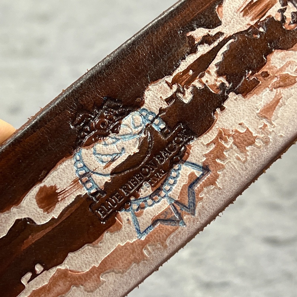 Blue Ribbon Bacon‎ Belt Men's 48 52 Cowhide Leather Silver Tone Buckle USA Made - Picture 2 of 10